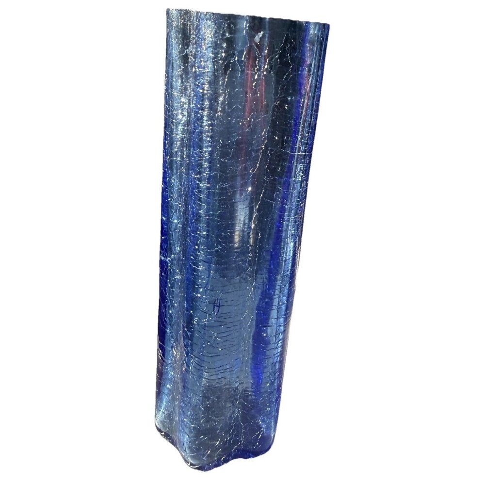 Crackle Glass Vase Blue Cobalt Floral Fluted Ribbed